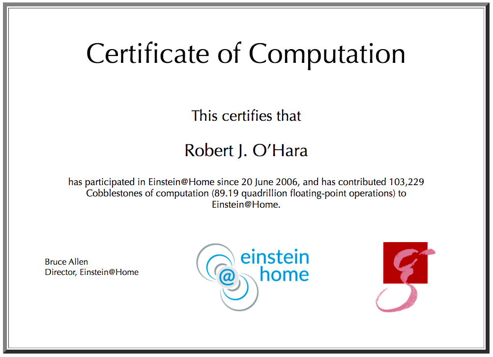 [Einstein@Home Certificate of Computation.]